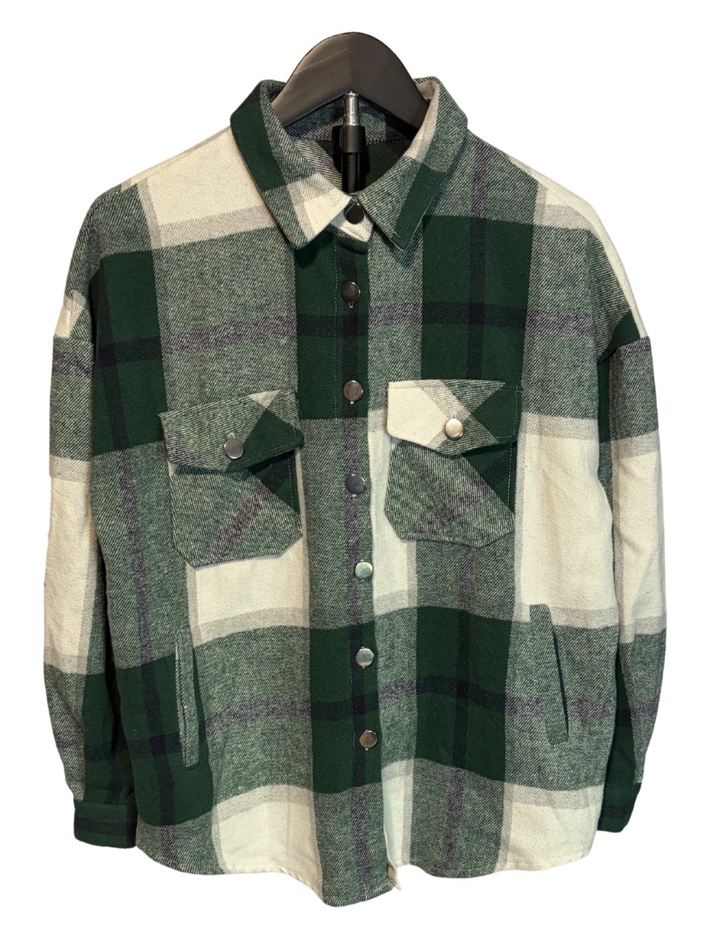Amazon Women's Green and Cream Plaid Button-Front Shirt Jacket